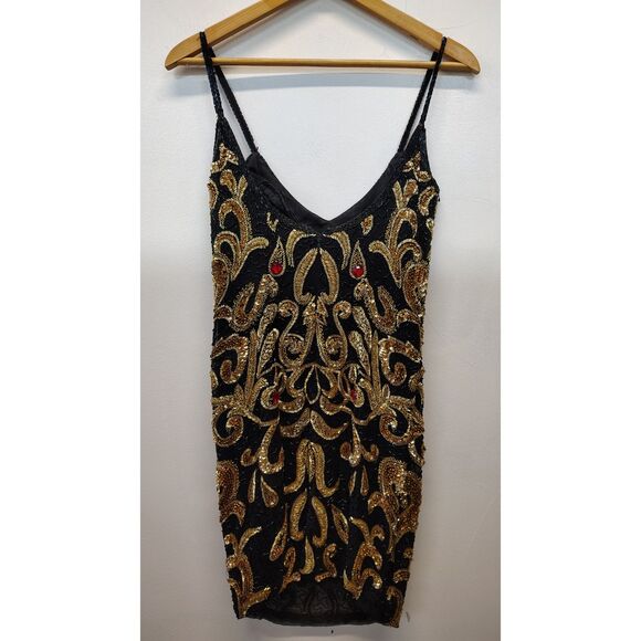 Vintage Nitelight Black Cami Beaded Ornate Jewel 100% Silk Bodycon - Picture 2 of 5